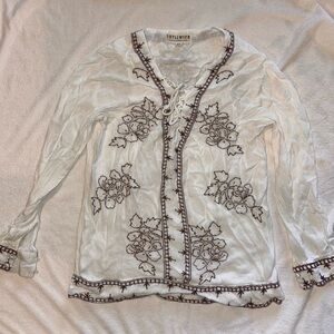 Women’s Small Idyllwind White and Brown Embroidered Blouse